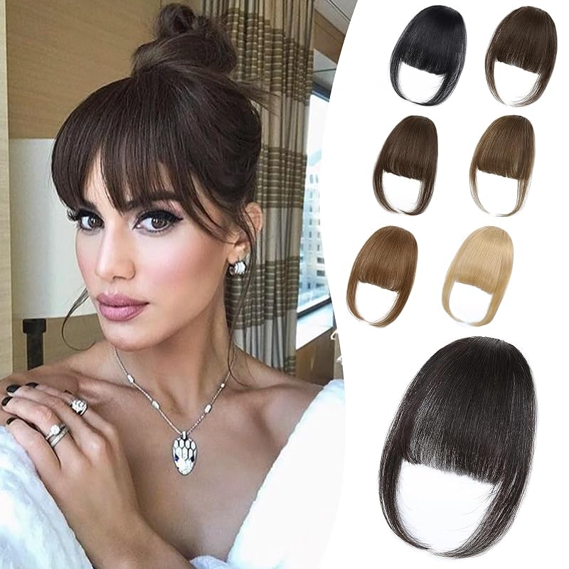 Clip in Bangs Real Human Hair Wispy Bangs Hair Clip, Brown Black