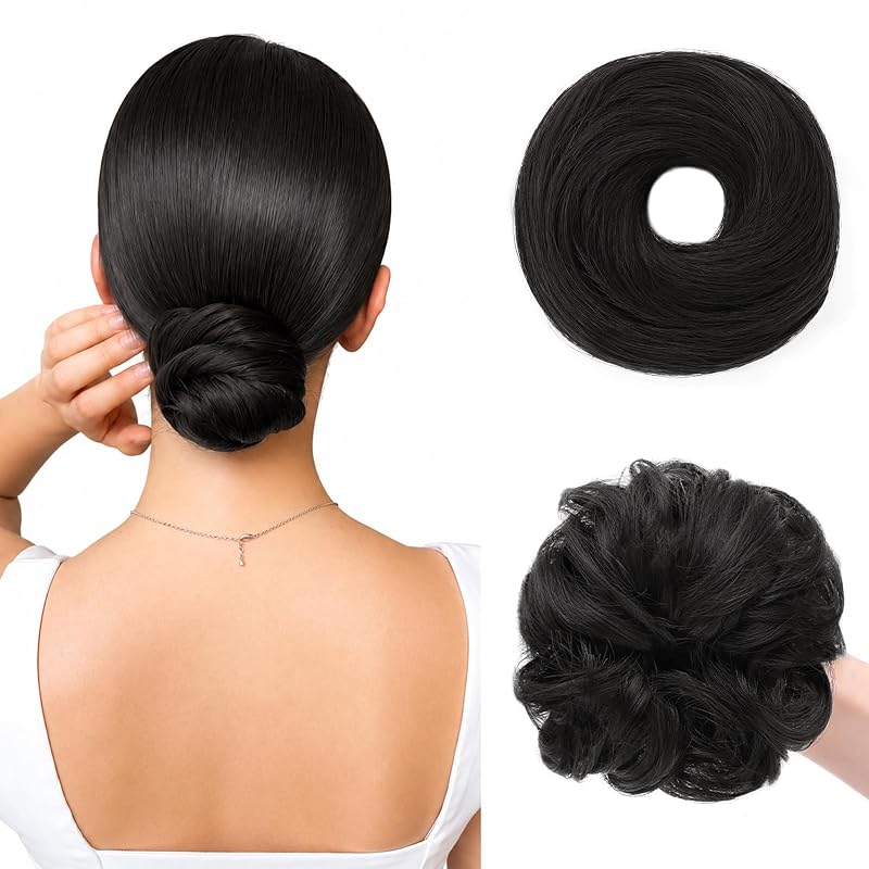 Wirctp 2PCS Messy Bun Hair Piece for Women, Small Donut Bun & Messy Bun Scrunchie for Thin Hair, Synthetic Hair Bun Extension, Natural-Looking Updo(Black)