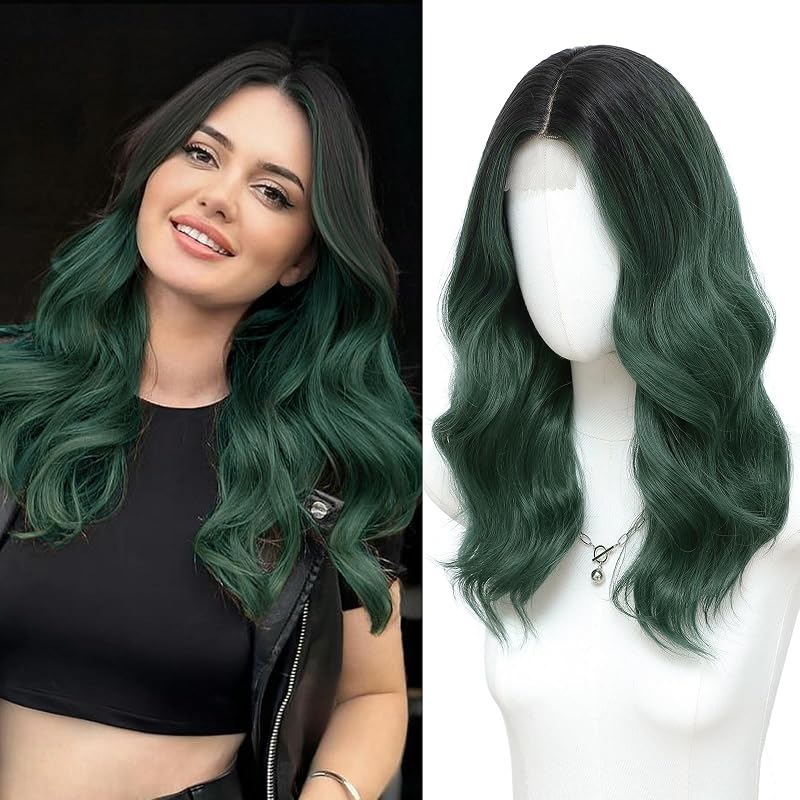Dark Teal Green Wigs for Women, 18 Inch Wavy Middle Part Wig