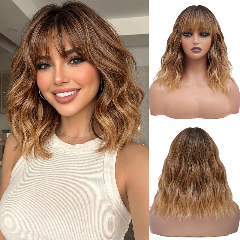 NAYOO Brown to Honey Blonde Ombre Wig, 14 Inch Wavy Synthetic Wig for Women