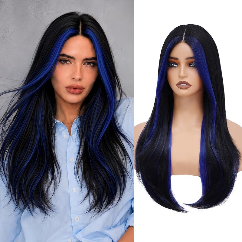 WECAN 24 Inch Blue Layered Wig for Women 4x4 Realistic Scalp Free Parting