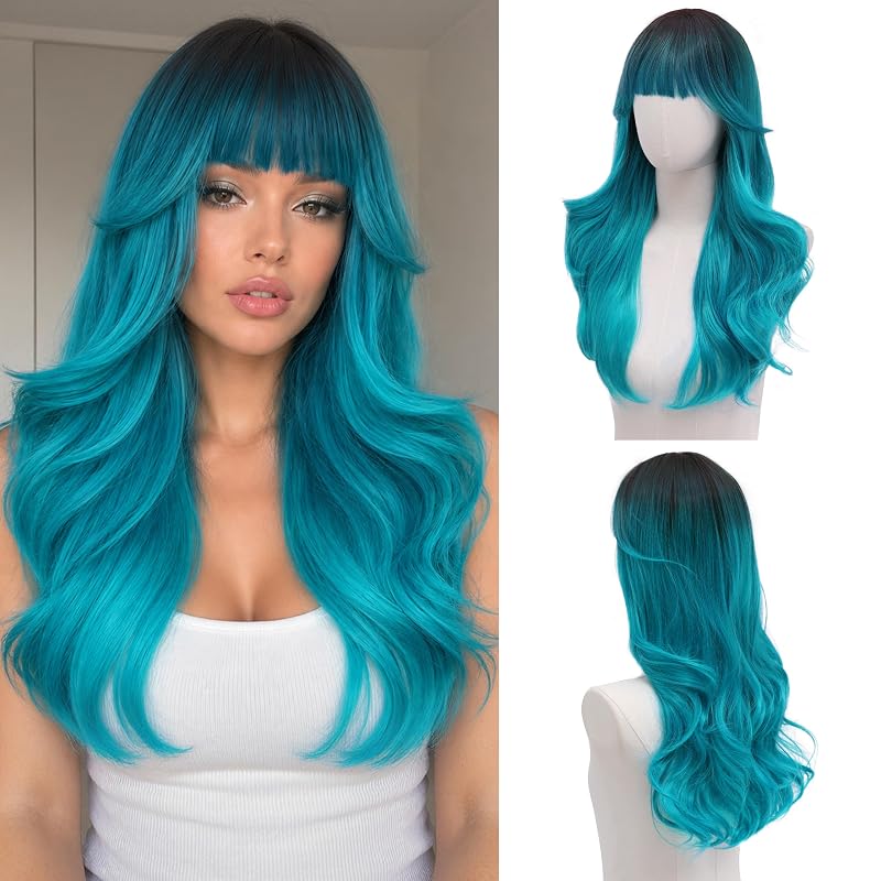 Rooted Teal Blue Wig with Bangs for Women 24 Inch Long Wavy Synthetic Hair
