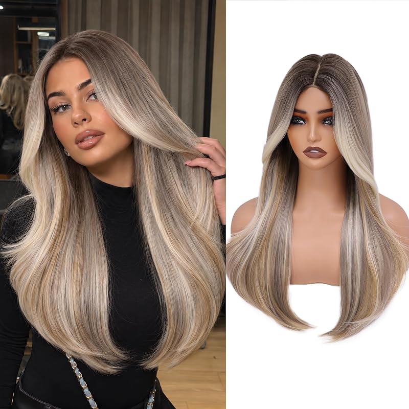 WECAN 24 Inch Blonde Layered Wig for Women 4x4 Realistic Scalp Free Parting