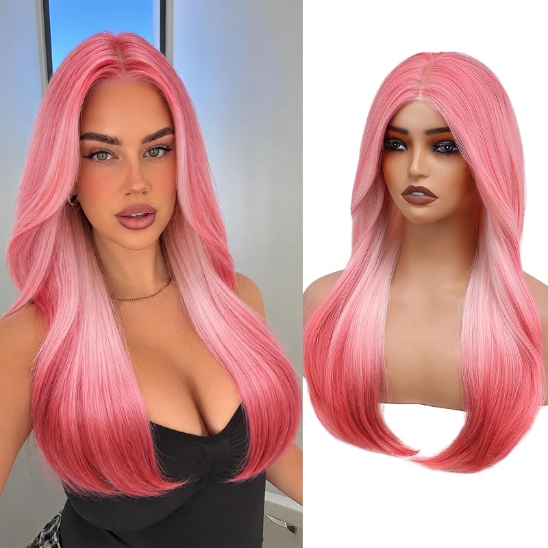 WECAN 24 Inch Pink Layered Wig for Women 4x4 Realistic Scalp Free Parting