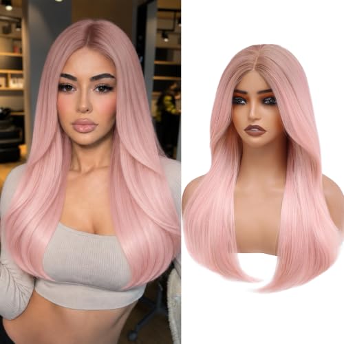WECAN 24 Inch Pink Layered Wig for Women 4x4 Realistic Scalp Free Parting