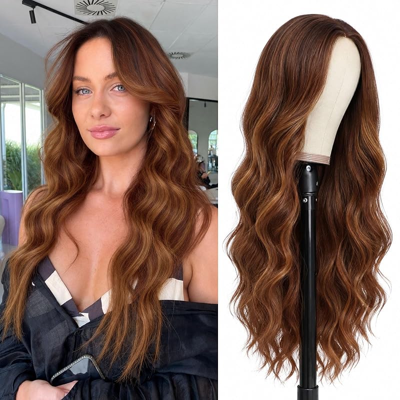 Chestnut Brown with Highlights Wavy Wigs for Women 26 Inch Middle Part Wig