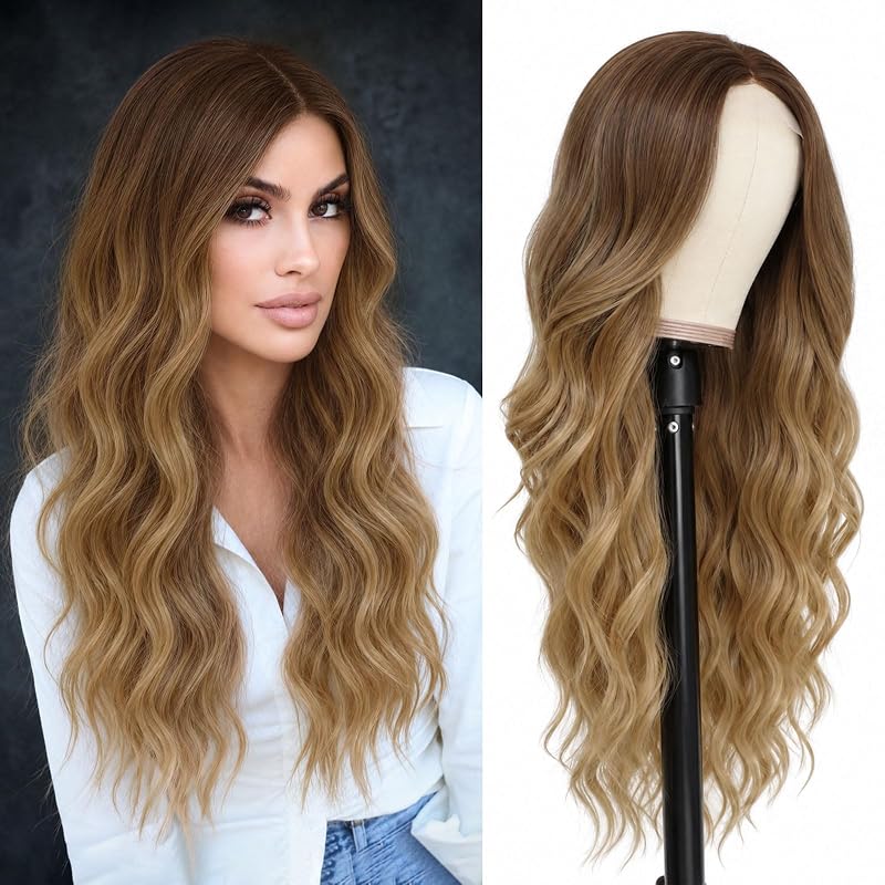 Dirty Blonde Wavy Wigs for Women 26 Inch Middle Part Synthetic Cosplay Wig