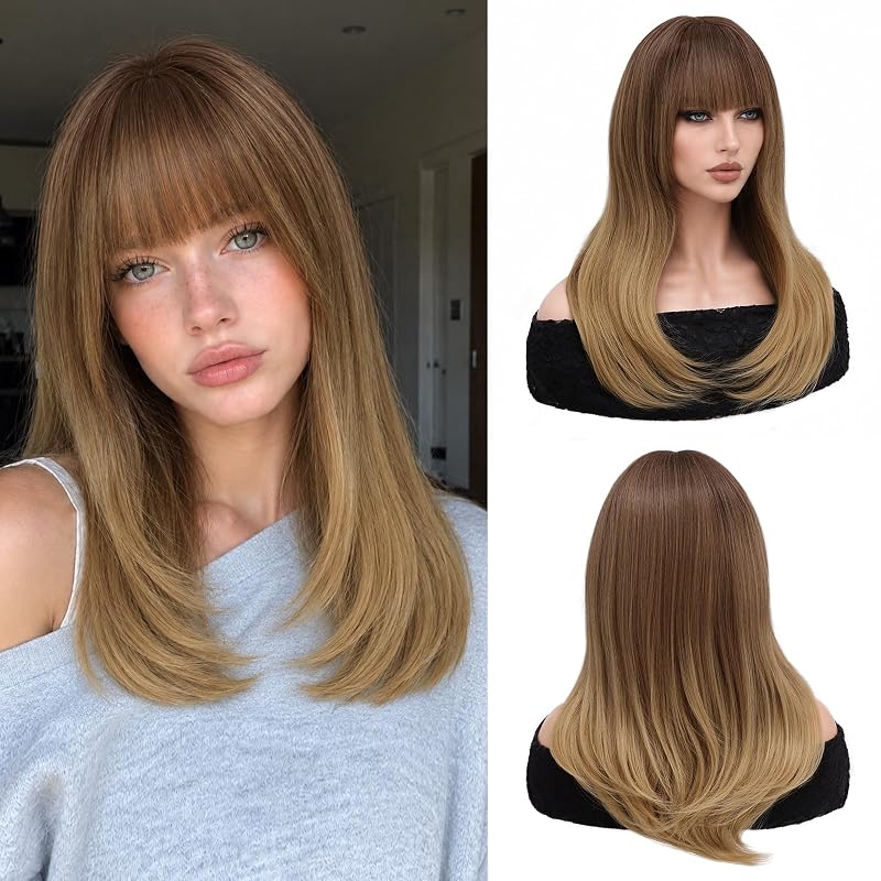 NAYOO Dirty Blonde Wig with Bangs for Women, 18 Inch Layered Wig