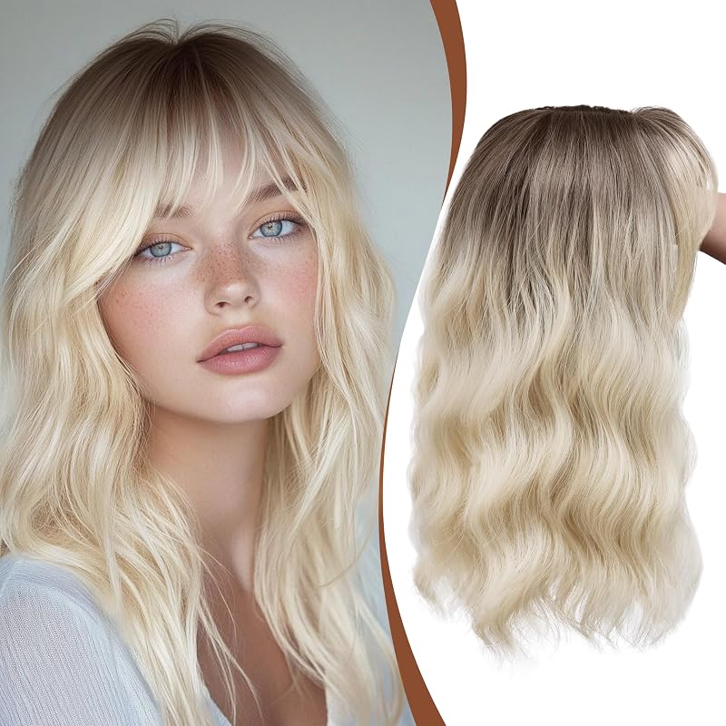 Hair Topper with Bangs 16 Inch Dark Root Gold Wavy Hairpiece 6.5x6.5 Base