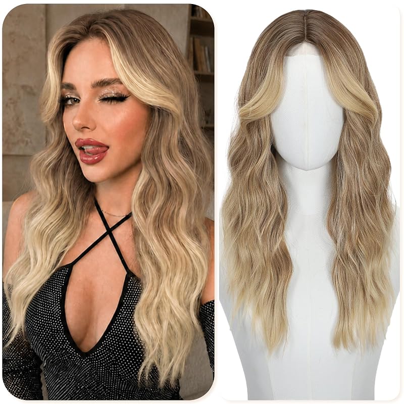 Ash Blonde Dark Root Wigs for Women 22 Inch Middle Part Wavy Synthetic Wig