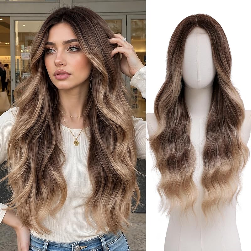 NAYOO Brown Blonde Ombre Wig for Women, 26 Inch Long Wavy Synthetic Wig