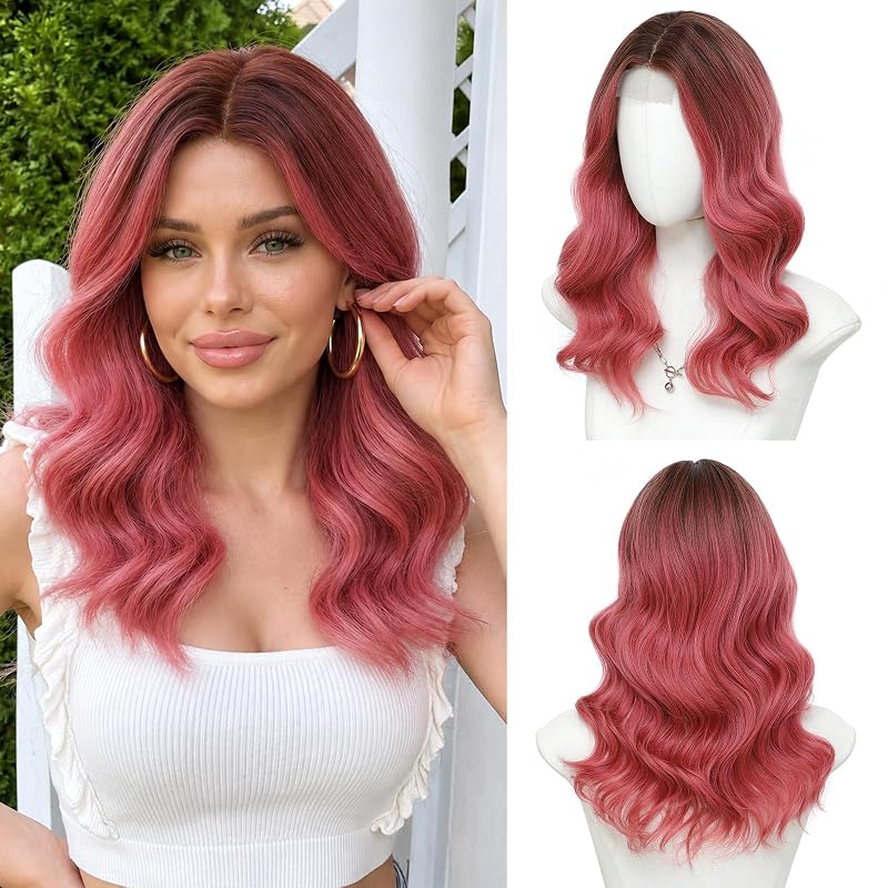 Ombre Pink Wig for Women, 18 Inch Wavy Middle Part Synthetic Wig