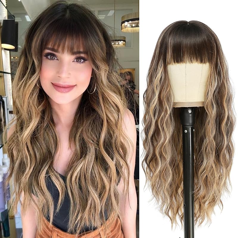 VERNA Brown Highlight Blonde Wig with Bangs, 26 Inch Brown Mix Blonde Wigs for Women, Natural Looking Brown Blonde Highlight Wig, Heat Resistant Brown Blonde Wavy wig for Daily Party Use