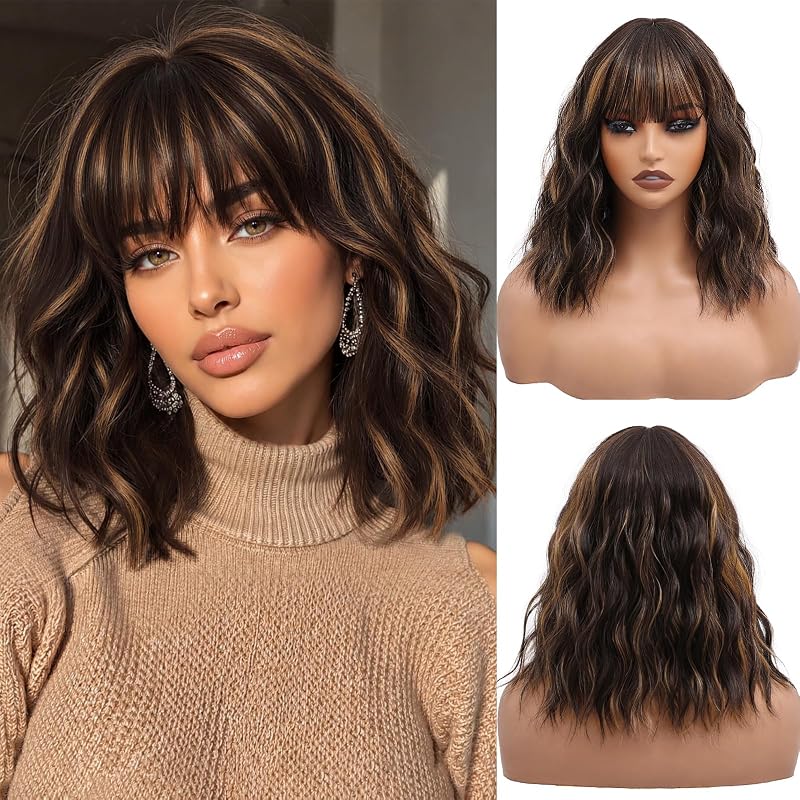 NAYOO Dark Brown Wig with Caramel Highlights, 14 Inch Wavy Wig for Women