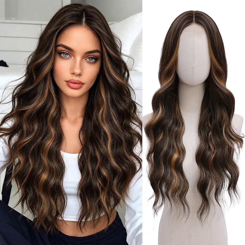 NAYOO Dark Brown Wig with Caramel Highlights, 26'' Long Wavy Wig for Women