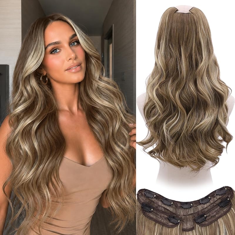 WECAN Clip In Hair Extensions, 20 Inch 3PCS Wavy Brown Synthetic Hair