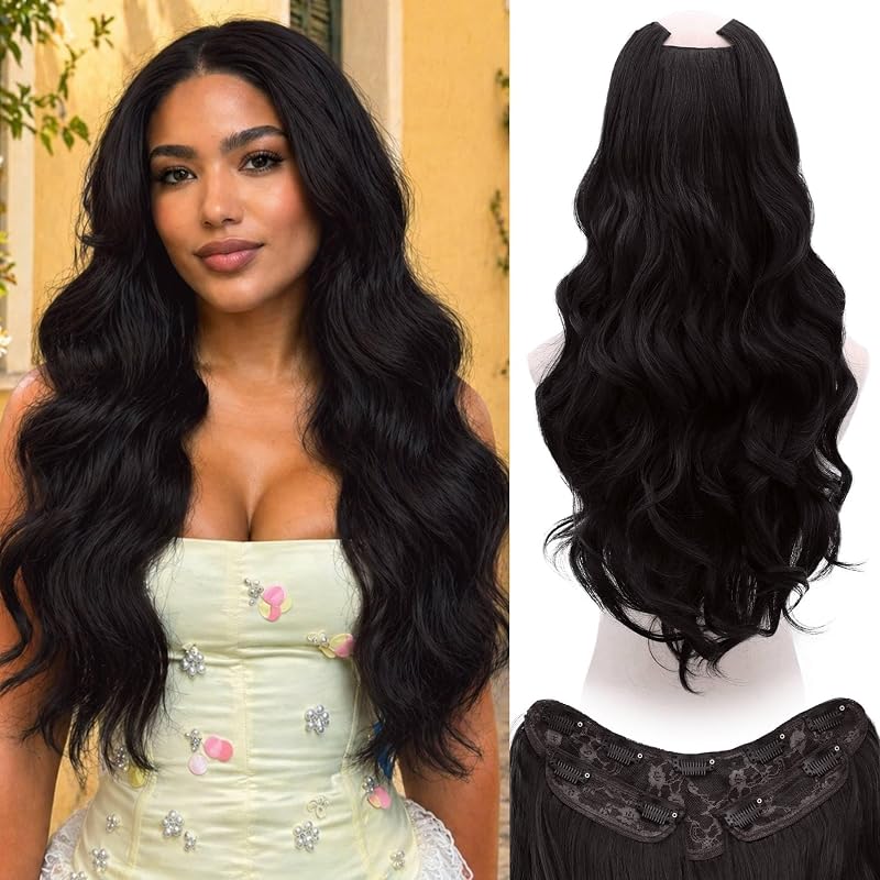 WECAN Clip In Hair Extensions, 20 Inch 3PCS Wavy Brown Synthetic Hair