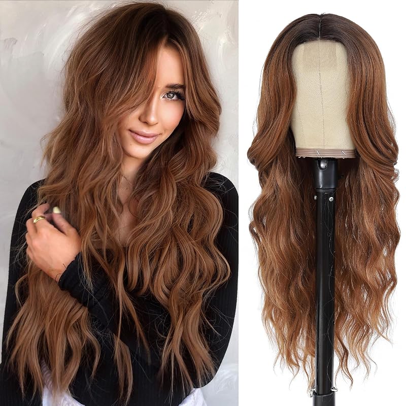 Ombre Auburn Wavy Wigs for Women 26 Inch Middle Part Synthetic Cosplay Wig