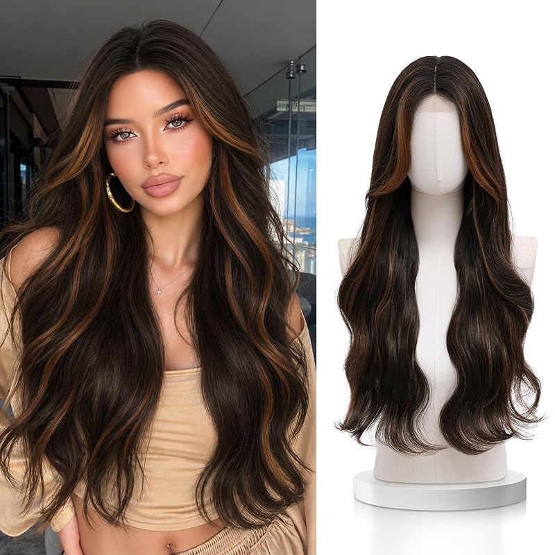 Brown Wig for Women,28 Inch Long Wavy Chestnu Synthetic Wig