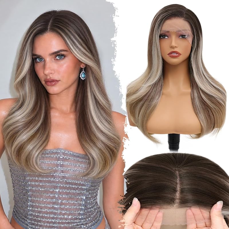 13x4 Lace Front Wigs for Women，22 Inch Layered Ash Blonde Highlight Wigs