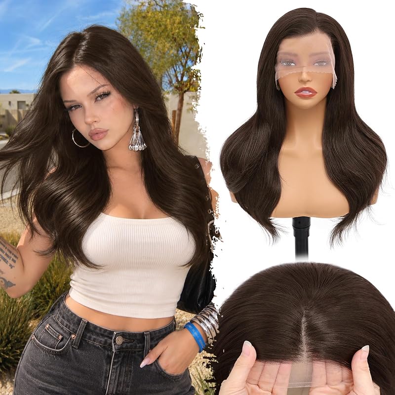 13x4 Lace Front Wigs for Women，22 Inch Dark Brown Layered Wavy Wigs