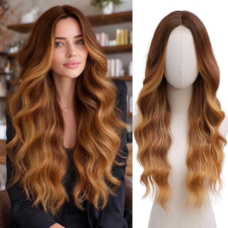 NAYOO Copper Auburn Wig for Women, 26 inch Copper Auburn Wig with Honey Blonde Highlights, Long Wavy Synthetic Wig