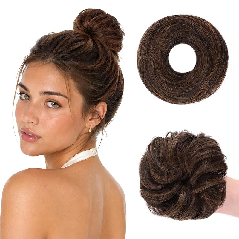 Wirctp 2PCS Messy Bun Hair Piece for Women, Small Donut Bun & Messy Bun Scrunchie for Thin Hair, Synthetic Hair Bun Extension, Natural-Looking Updo(Darkest Brown Mixed Light Auburn)