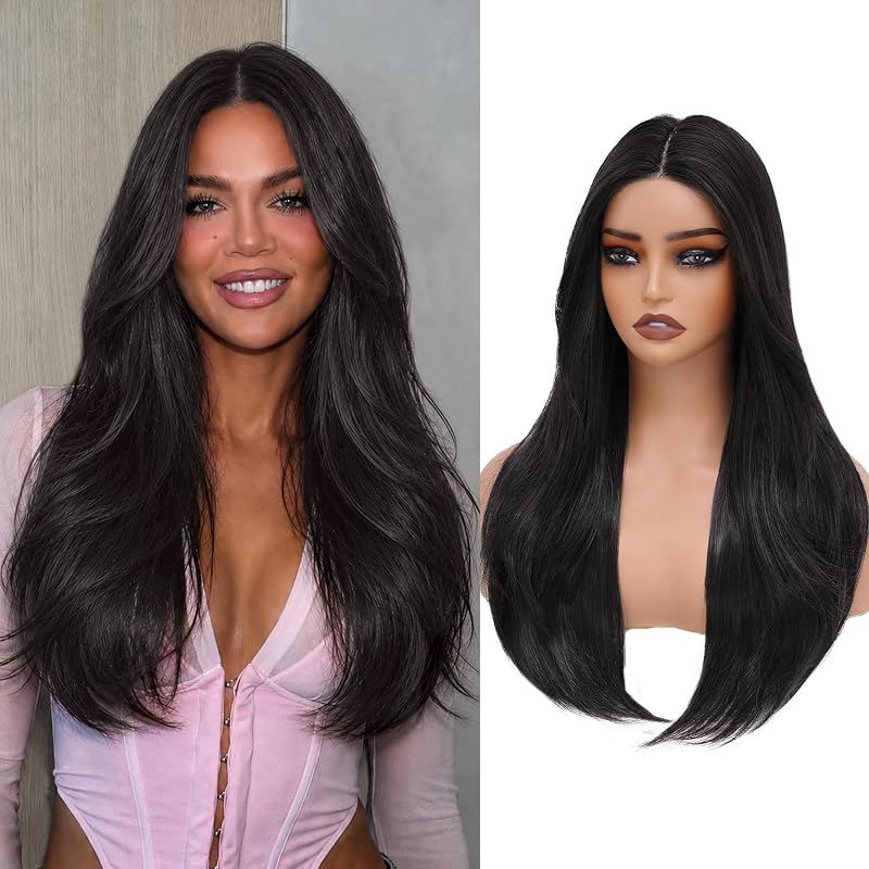 WECAN 24 Inch Black Layered Wig for Women 4x4 Realistic Scalp Free Parting