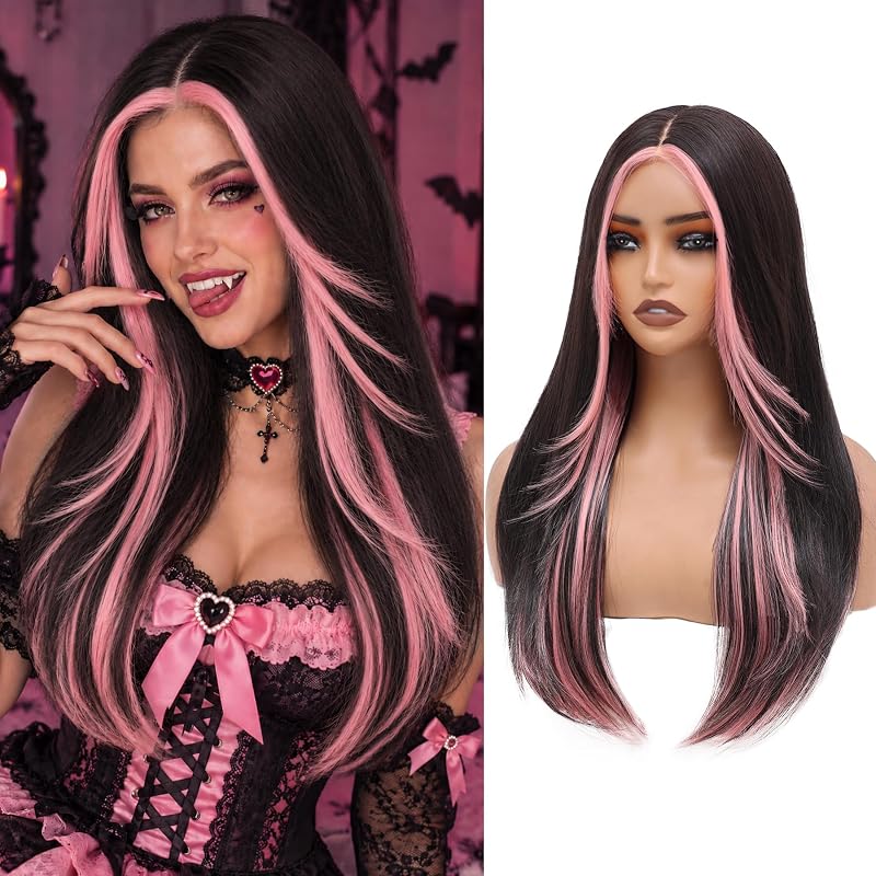 WECAN 24 Inch Pink Layered Wig for Women 4x4 Realistic Scalp Free Parting