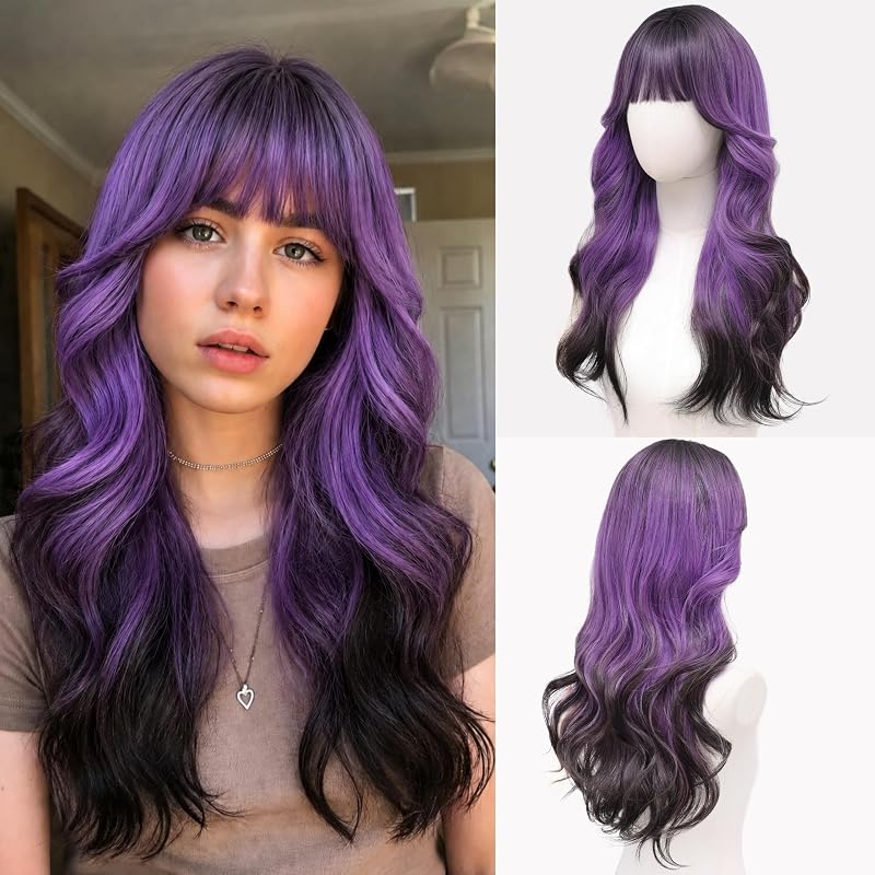 Dark Root Purple Wig with Bangs for Women 24 Inch Long Wavy Synthetic Hair