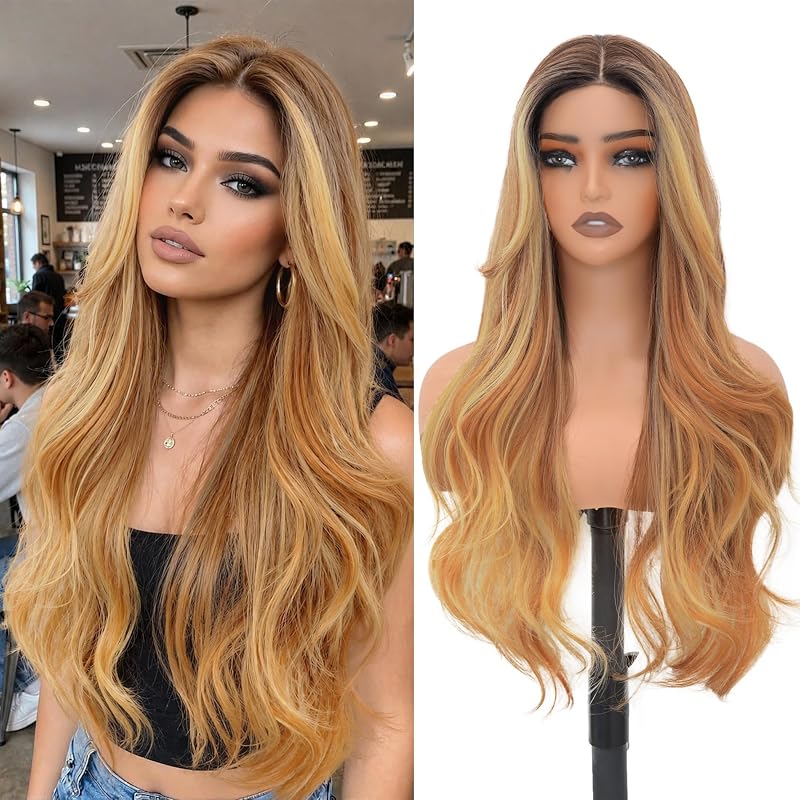 MOCA HAIR Balayage Honey Blonde Wigs for Women,26 inch Long Wavy Wig